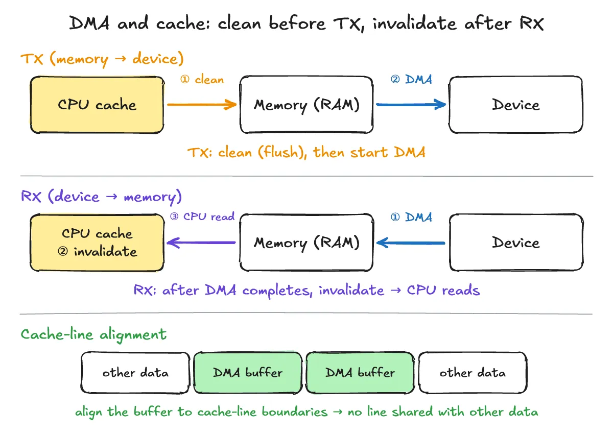 DMA and cache: for TX, clean (flush) the cache then start DMA; for RX, invalidate the cache after DMA completes before the CPU reads; align the DMA buffer to cache-line boundaries