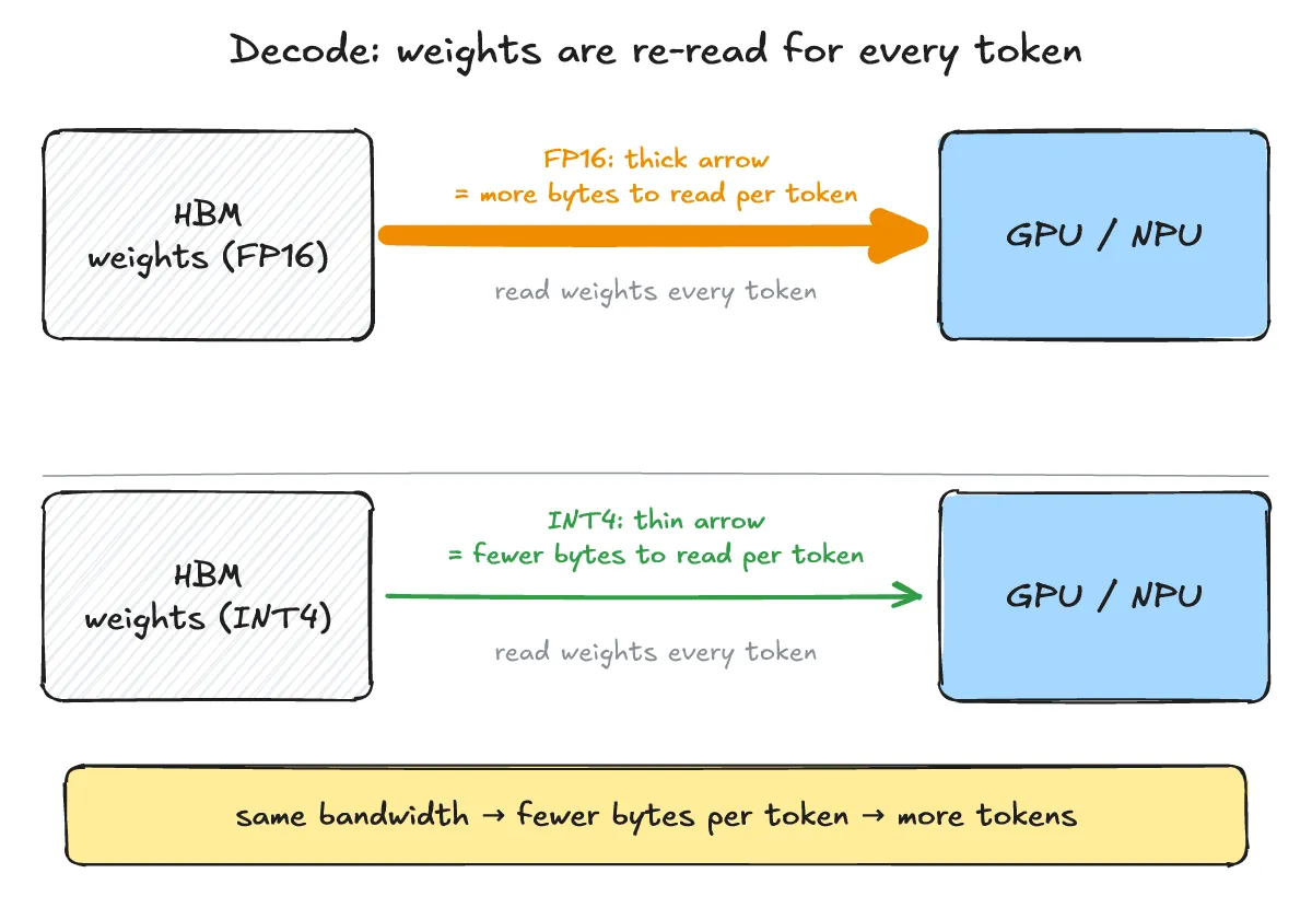 In Decode, weights are re-read from HBM into the GPU or NPU for every token. A thick arrow for FP16 and a thin arrow for INT4 show the difference in bytes read per token