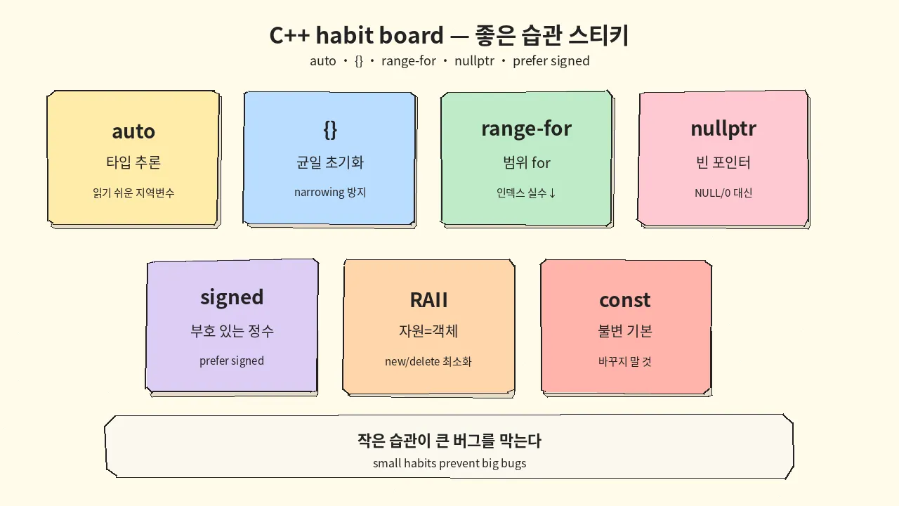 습관 보드 (auto · {} · range-for · nullptr)